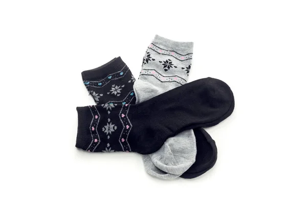 Oblečení Tři Nové Zabalené Ležérní Samičí Ponožky Bílém Pozadí Zblízka Stock Fotografie