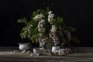 Güzel, narin bir akasya ağacının dallarıyla dolu bir hayat sürahide beyaz kümeler ve ahşap bir masada beyaz bir fincanda aromatik kahve.