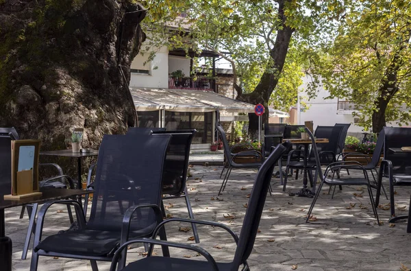 Die Tische Und Stühle Eines Straßencafés Unter Den Großen Bäumen — Stockfoto