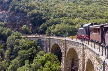 Turist, ünlü, gezgin, eski Pelion treni güneşli bir yaz gününde dağlarda yol alır (Yunanistan)