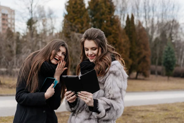 Dos hermosa chica con una tableta en el parque de otoño —  Fotos de Stock