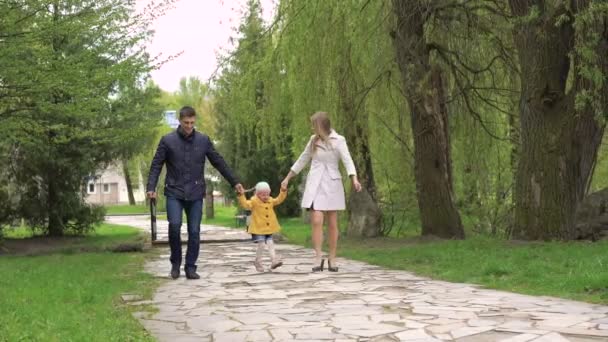 Vue familiale heureuse, bébé et parent tenant la main marchent sur l'allée dans le parc. 4k — Video