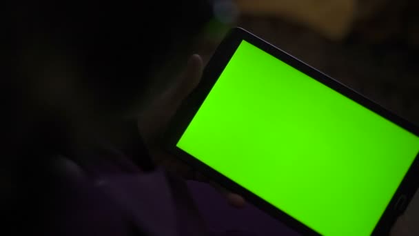 Pusta tabliczka Pc w orientacji poziomej na zielonym screenin ręce. Powoli — Wideo stockowe