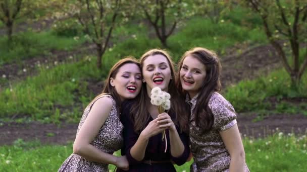 Três raparigas a soprar dentes-de-leão no jardim. Devagar. — Vídeo de Stock