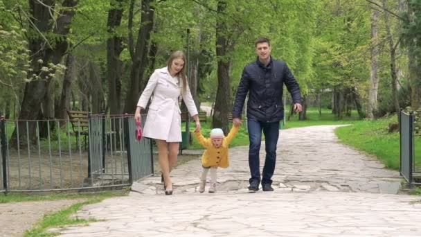 Família jovem com filhinha andando, sorrindo no parque. Devagar. — Vídeo de Stock