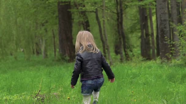 Niña caminando sobre una hierba en el parque. Despacio. — Vídeo de stock