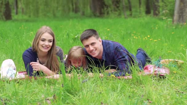Familia joven con bebé descansando sobre una hierba en un parque. Despacio. — Vídeo de stock