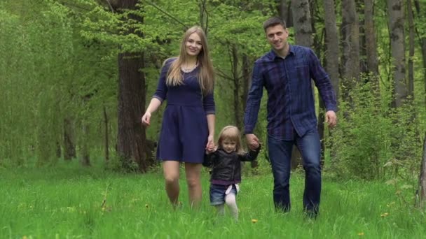 Jeune famille avec petite fille marchant sur une herbe. Doucement. — Video