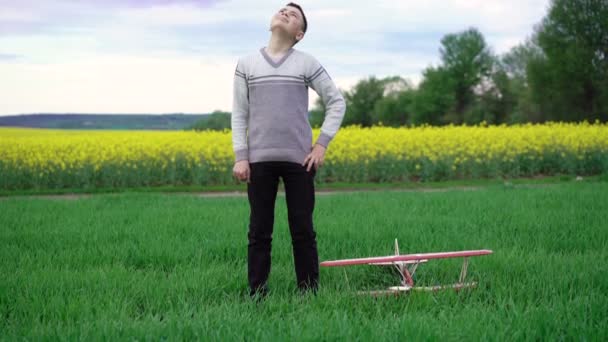 Kind spielt mit Spielzeugflugzeug auf dem Feld 4k — Stockvideo