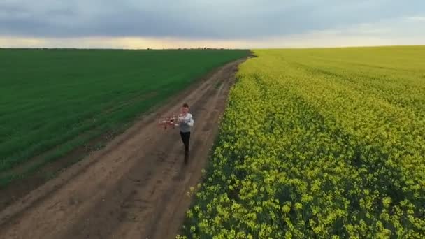 Pojke med leksak flygplan nära rapsfält. Flygfoto — Stockvideo