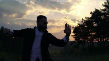 Wing Chun Ustası tarafından performansı günbatımı üzerinde. 4k
