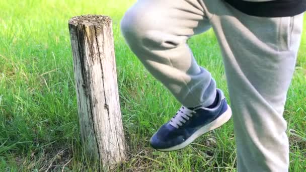 L'homme fort frappe la souche d'arbre d'un seul coup de jambe. Doucement. — Video