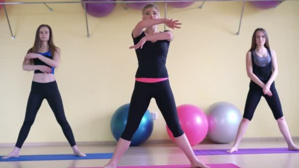 Chicas del árbol haciendo yoga sincrónicamente en un gimnasio. 4k — Vídeos de Stock