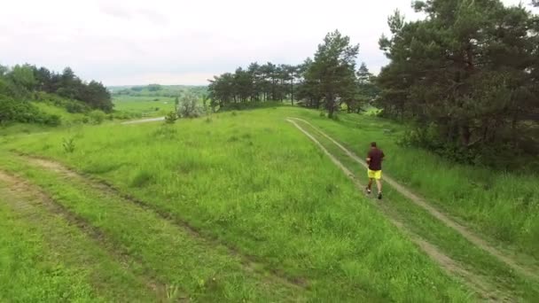 Légifelvételek férfi futó kereszt a gyepen. Fényképezőgép követ-mögötti 4k — Stock videók