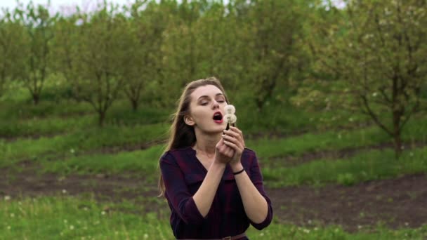 Happy girl blowing the dandelion in the garden. Slow motion — Stock Video