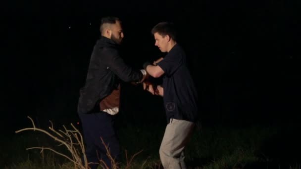 De kunst van Wing Chun in de buurt van het vreugdevuur op nacht achtergrond. Langzaam — Stockvideo