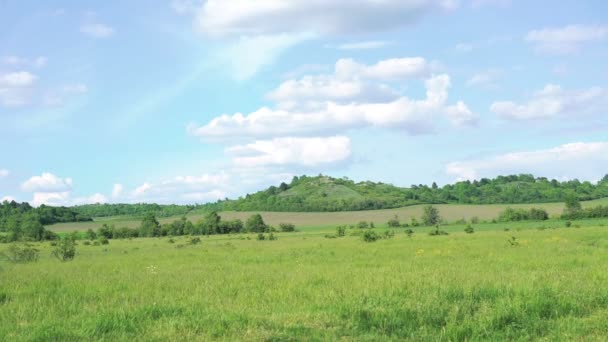 Bakgrund av gröna berg, gräs och sky — Stockvideo