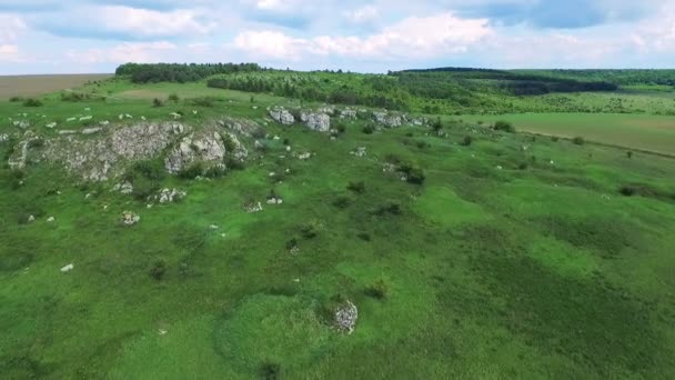 Vista aérea de rochas verdes, colinas, árvores — Vídeo de Stock