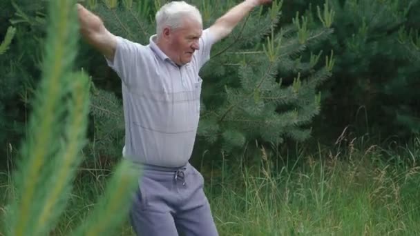Starý muž dělá ranní cvičení dřepů nahoru dolů v zeleném parku — Stock video