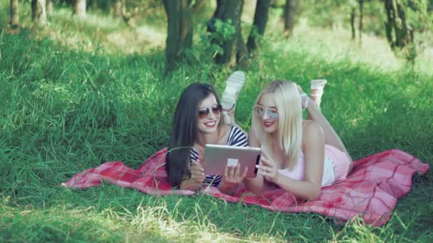 Gelukkig brunette en blonde liggend op dekens in het park en het gebruik van de tablet. 4k — Stockvideo