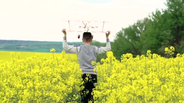 Happy kid kör med leksak flygplan över våldtäkten. Kamera bakom pojken långsamt — Stockvideo