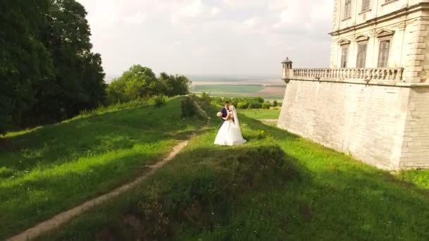 Vista aérea do jovem casal de casamentos sozinho em abraços no castelo. 4k — Vídeo de Stock