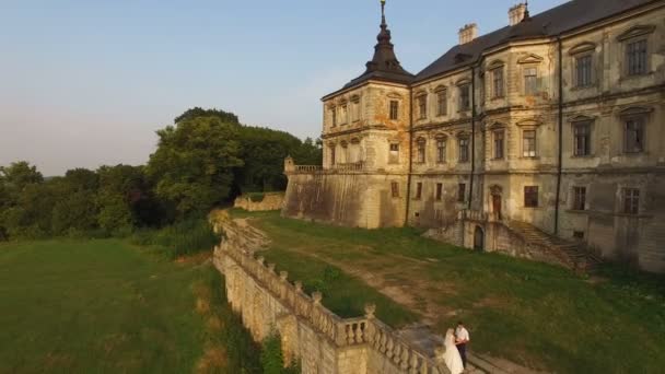 Luchtfoto: mooie bruidspaar op kasteel achtergrond. 4k — Stockvideo