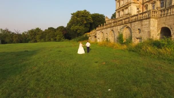 Vista aérea: olhar para trás do casal de casamento andando no castelo antigo. 4k — Vídeo de Stock