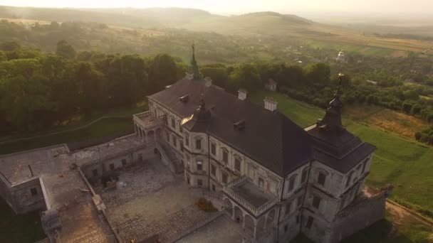 Вид на старий античний історичний замок серед лісу в 4k — стокове відео