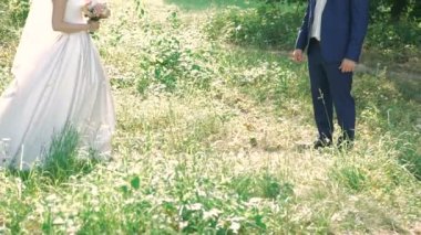 Beyaz gelin ve Damat Düğün günü parkta. Yavaş yavaş