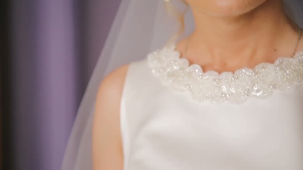 Close up of elegant bride wears beautiful earrings — Stock Video