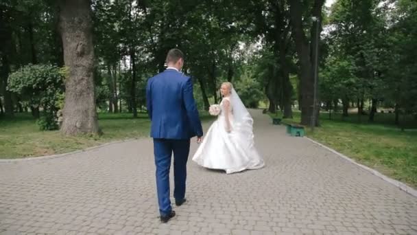 結婚式のカップルが公園の路地を歩く — ストック動画