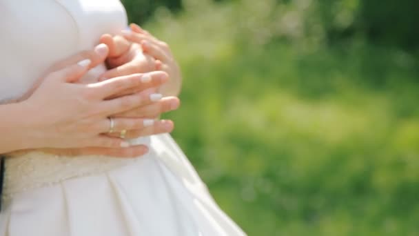 Groom mains embrasse sa taille de mariées — Video