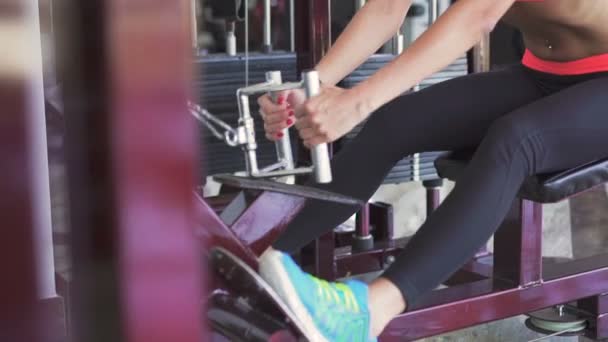 Mujer joven entrenando el tríceps con simulador en el gimnasio — Vídeos de Stock