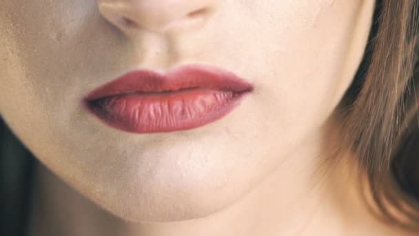 Retrato de cerca de labios de clarete sexy. Movimiento lento — Vídeo de stock