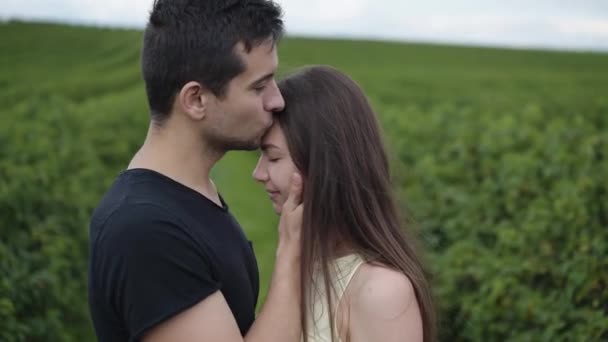 Porträt des schönen Mannes küsst sein Mädchen inmitten einer Johannisbeerplantage — Stockvideo
