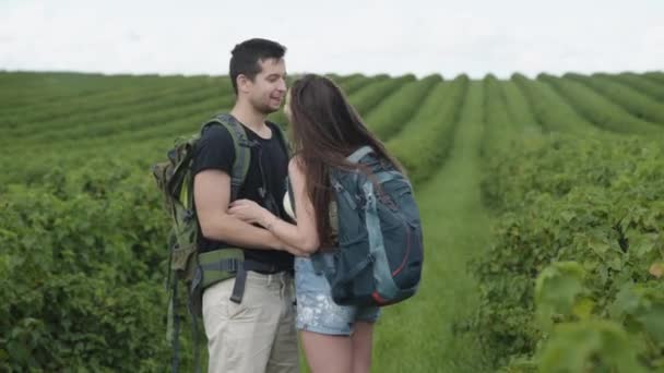 Couple of lovely tourists stands among currant plantation and kisses — Stock Video