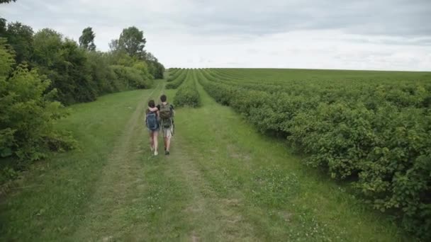 Preciosa pareja con mochilas camina en abrazos en la naturaleza — Vídeos de Stock