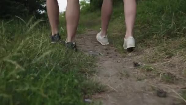 Piernas masculinas y femeninas irreconocibles caminan por sendero salvaje de la naturaleza — Vídeos de Stock