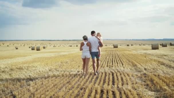 Vista posterior de la familia joven con hija caminar en el amplio campo — Vídeos de Stock