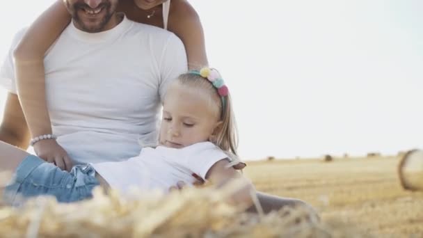 Familia feliz jugando con la hija y relajarse en haycock en el campo espacioso — Vídeos de Stock