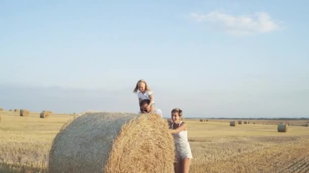 Famiglia felice con figlioletta che rotola un pagliaio con divertimento in campo — Video Stock