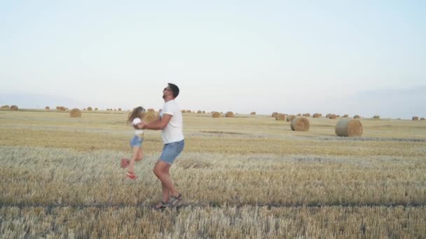 Gelukkige vader die kleine dochter overgeeft, moeder die naar hen toe komt in het veld. — Stockvideo