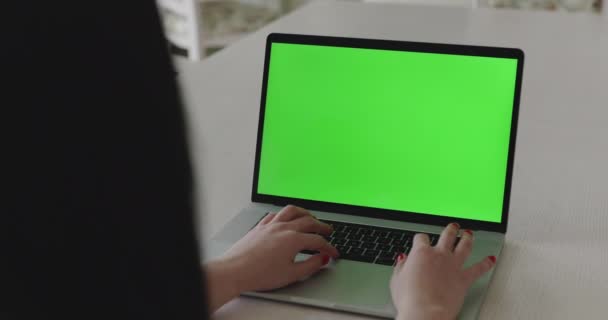 带绿色屏幕笔记本电脑的女性工作人员的背景 — 图库视频影像
