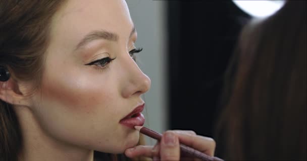 Primer plano de la chica con perfecto maquillaje desnudo y maquillador. Proceso de maquillaje de labios contorneando para hermosa modelo femenina joven. Perfil facial. — Vídeos de Stock