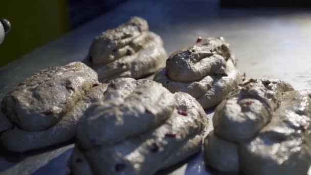 Dělám chleba v továrně. Pekařské ruce dávají syrové těsto na pečení bochníků — Stock video