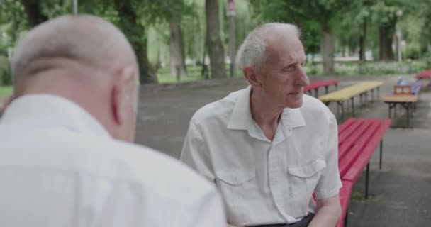 Dos amigos de la tercera edad jugando en el banco en verano — Vídeos de Stock