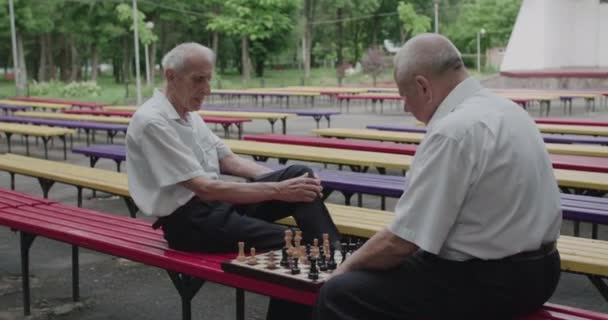 Vista del juego de ajedrez entre ancianos, hombres reflexivos que se relajan en el banco al aire libre — Vídeo de stock