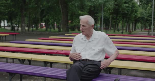 Веселый пожилой мужчина приходит к своему другу в парк, радуясь и пожимая ему руку — стоковое видео