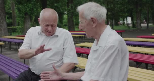 Twee bescheiden oudere mannen schudden handen met een glimlach op hun gezicht tijdens een praatje in een park — Stockvideo